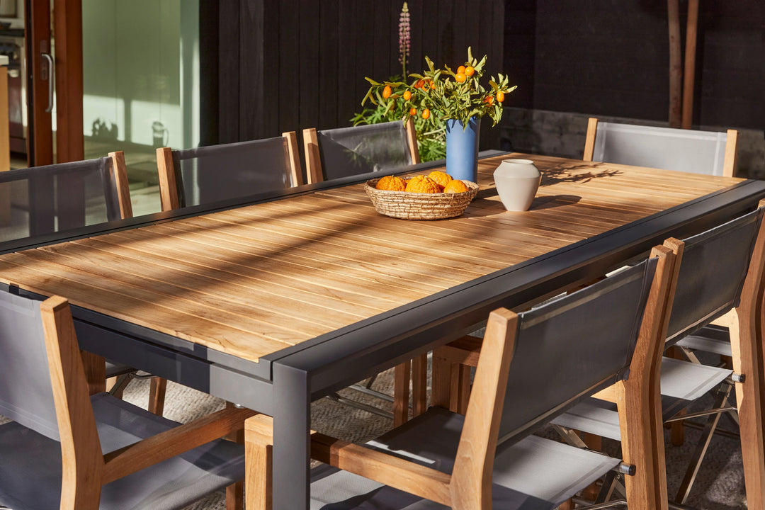 Outer Teak + Aluminum Outdoor Expandable Dining Table + 12 Teak Director's Chairs