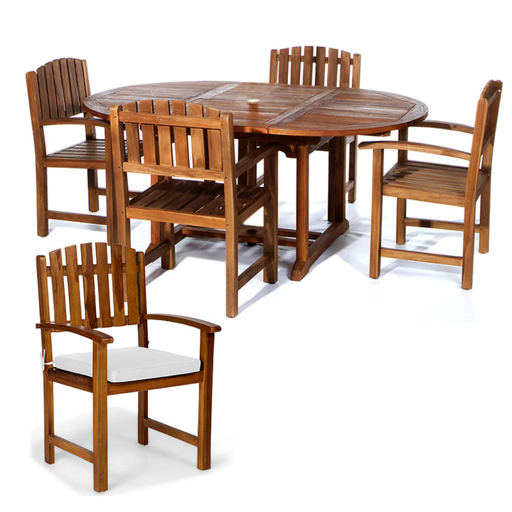 All Things Cedar 5-Piece Teak Oval Extension Table & Dining Chair Set – White Cushions