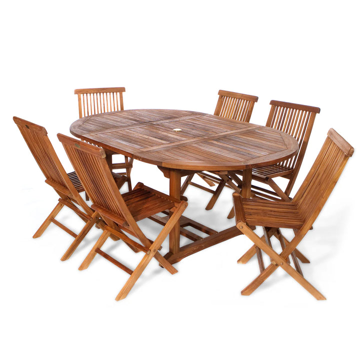 All Things Cedar 7-Piece Teak Oval Extension Table & Folding Chair Set