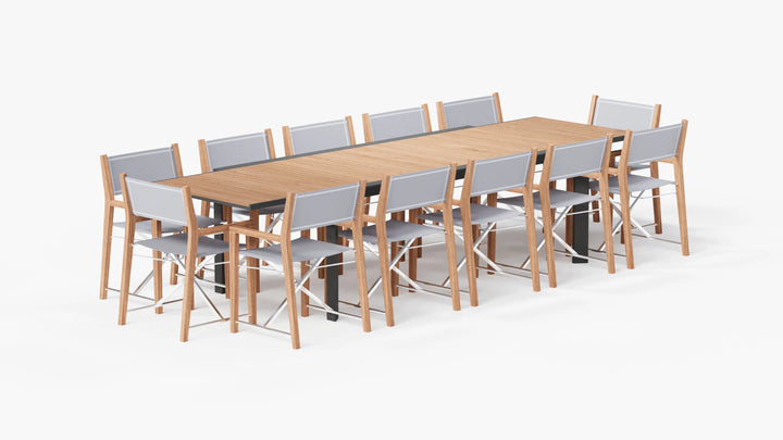 Outer Teak + Aluminum Outdoor Expandable Dining Table + 12 Teak Director's Chairs