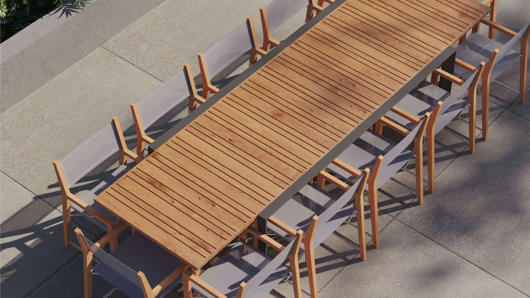 Outer Teak + Aluminum Outdoor Expandable Dining Table + 12 Teak Director's Chairs